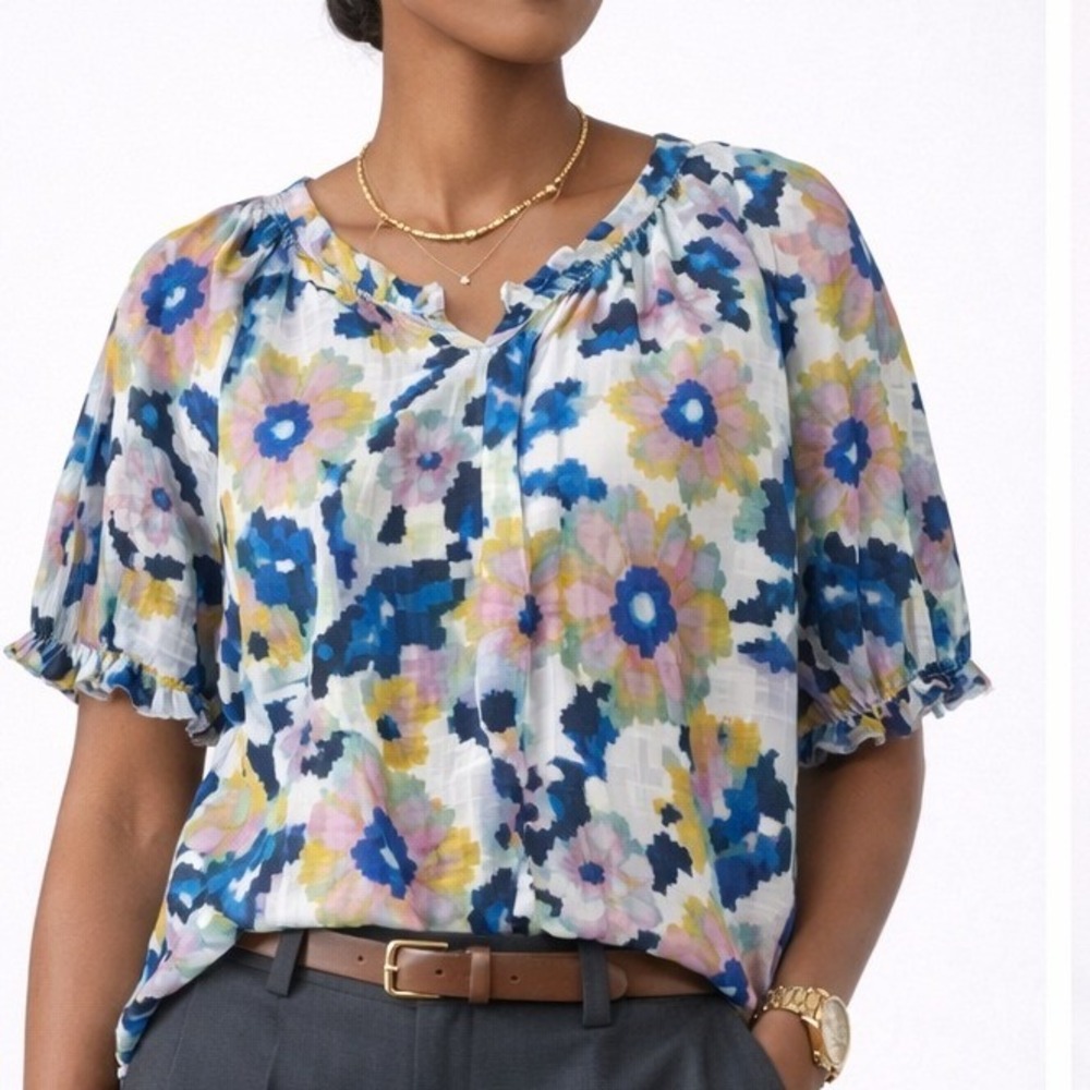 Geometric Floral Puff Sleeve Cotton Blend Casual Boho Blouse M‎ Sonoma Women